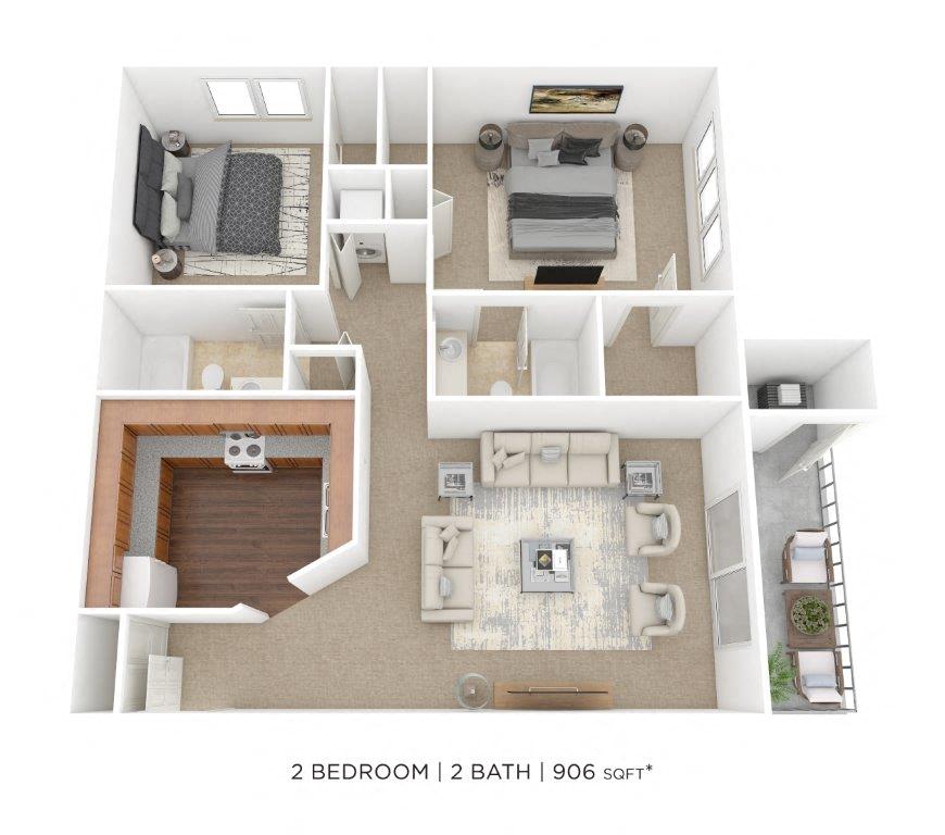Floor plan for 2 beds, 2 baths, 906 sqft