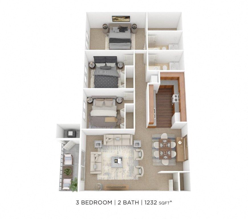 Floor plan for 3 beds, 2 baths, 1232 sqft