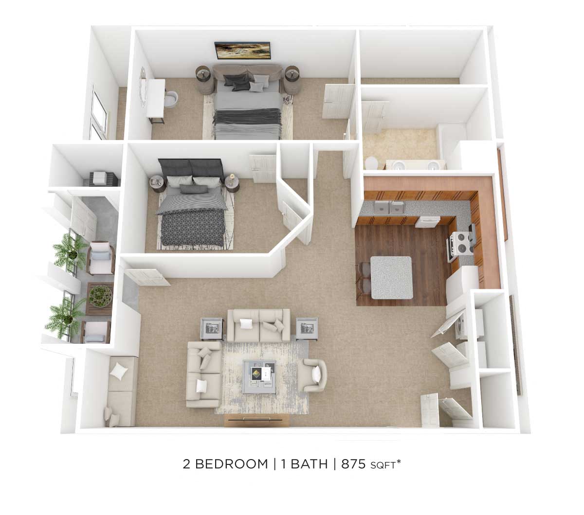 Floor plan for 2 beds, 1 bath, 875 sqft
