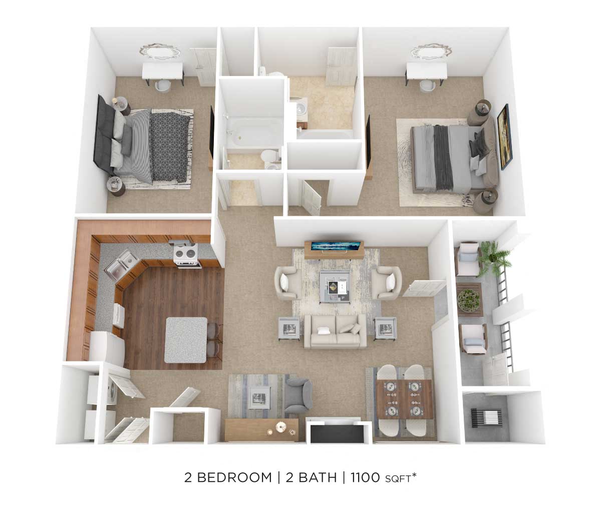 Floor plan for 2 beds, 2 baths, 1100 sqft
