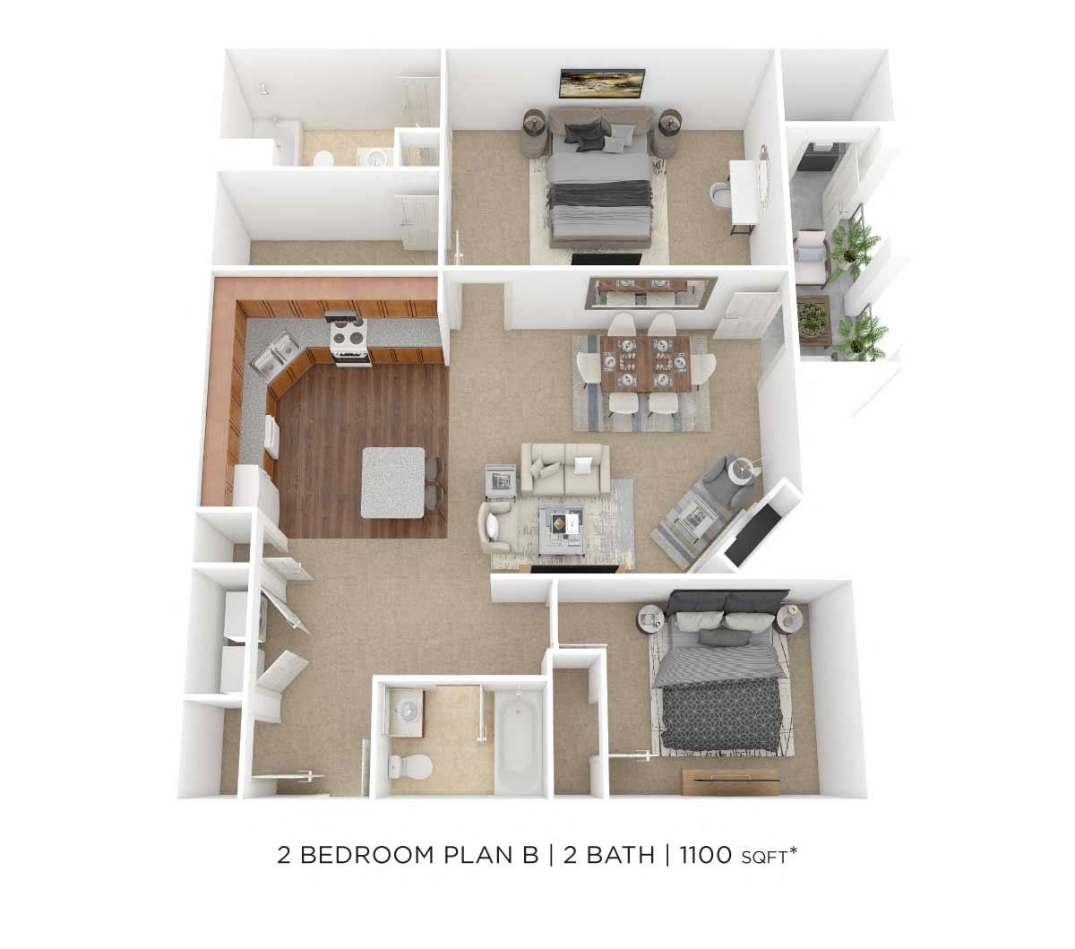 Floor plan for 2 beds, 2 baths, 1100 sqft