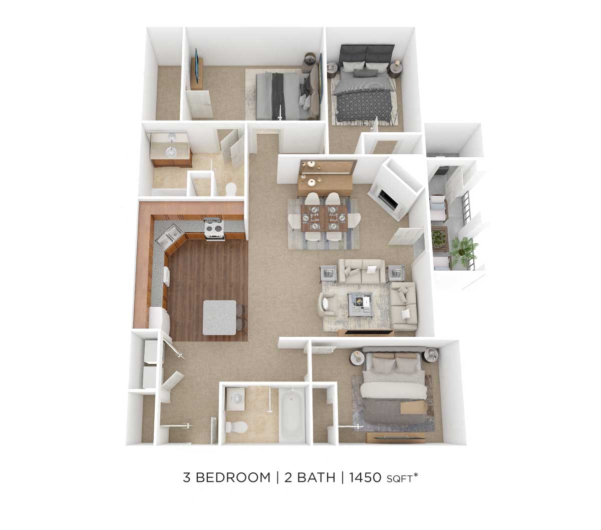 Floor plan for 3 beds, 2 baths, 1450 sqft