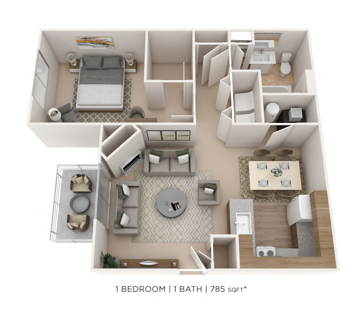 Floor plan for 1 bed, 1 bath, 785 sqft