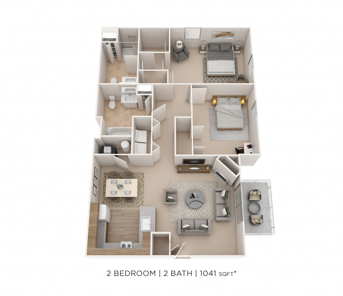 Floor plan for 2 beds, 2 baths, 1041 sqft