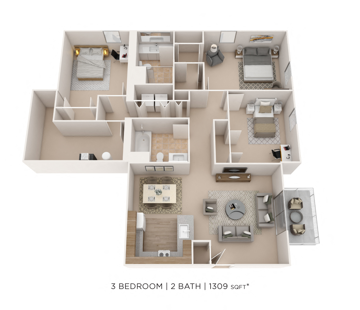 Floor plan for 3 beds, 2 baths, 1309 sqft