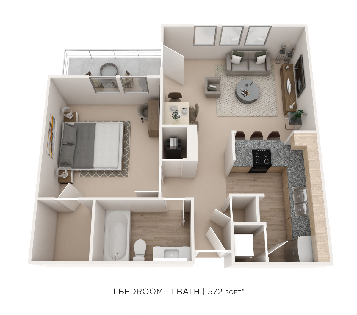 Floor plan for 1 bed, 1 bath, 572 sqft