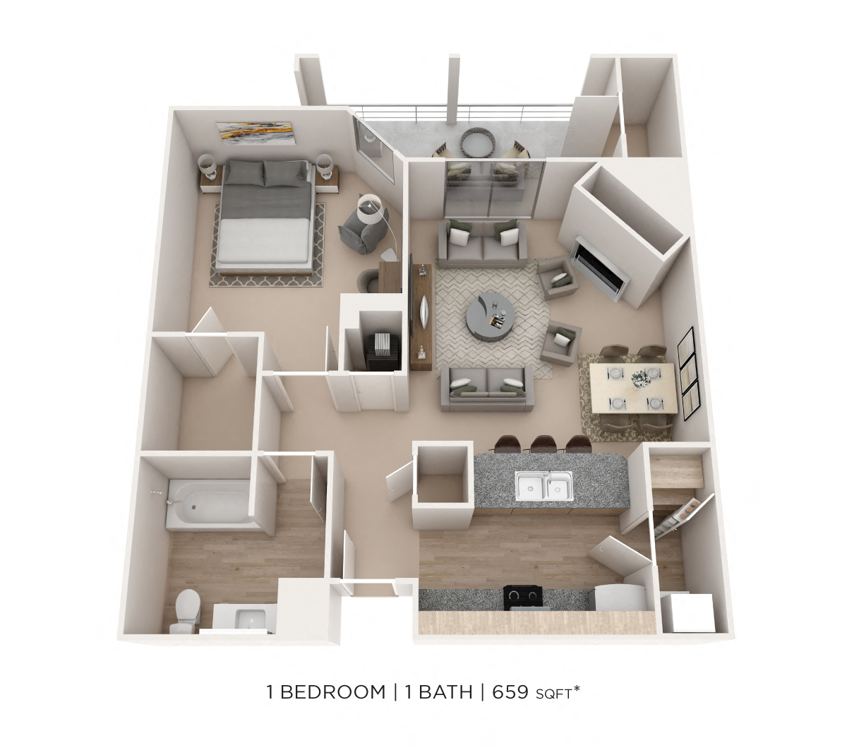 Floor plan for 1 bed, 1 bath, 659 sqft