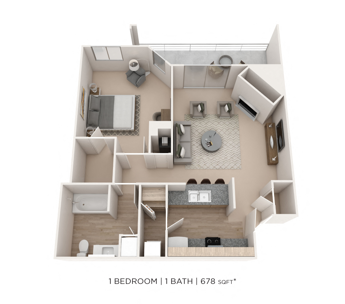 Floor plan for 1 bed, 1 bath, 678 sqft