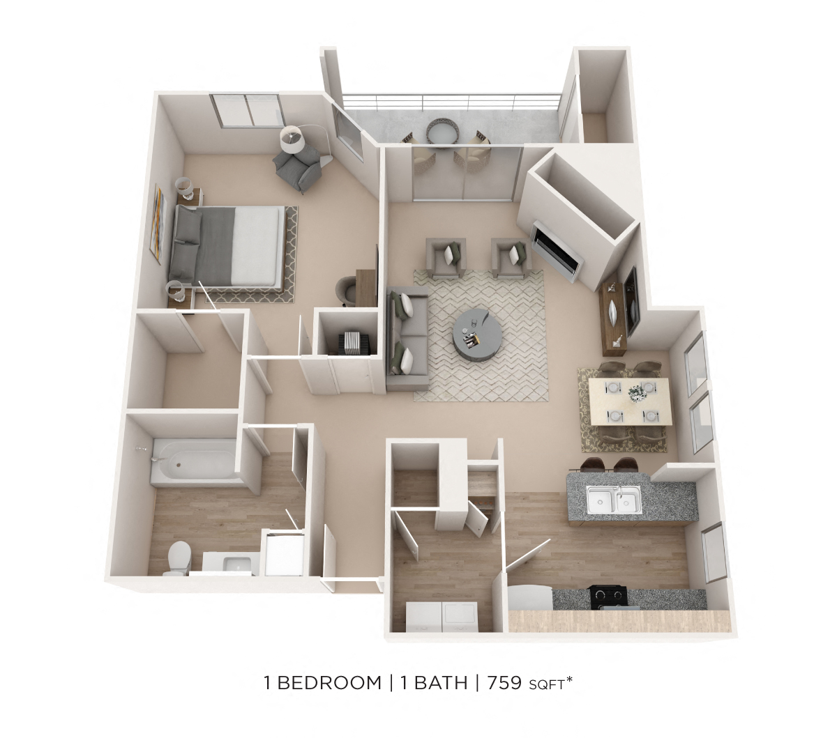 Floor plan for 1 bed, 1 bath, 759 sqft