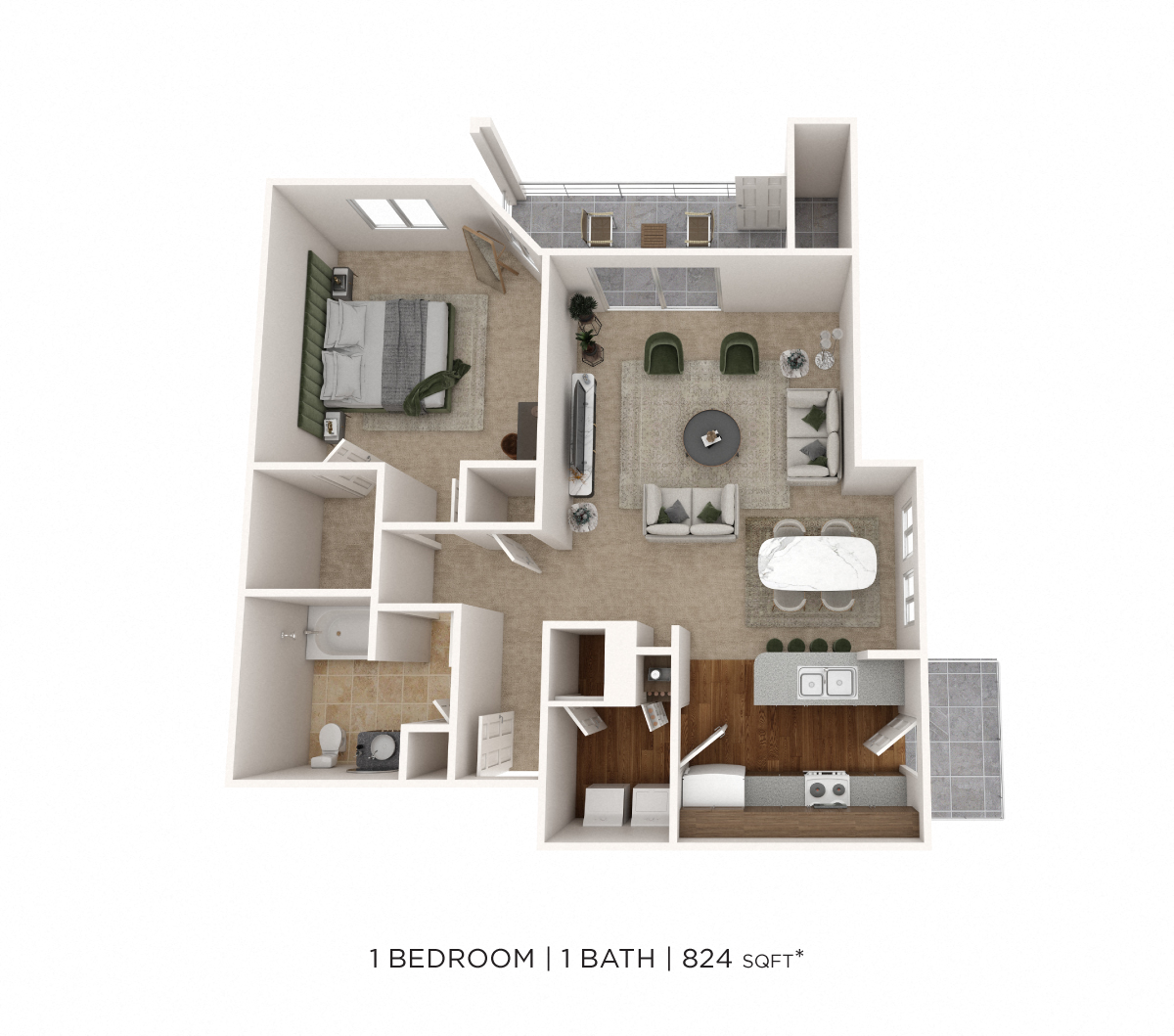 Floor plan for 1 bed, 1 bath, 824 sqft