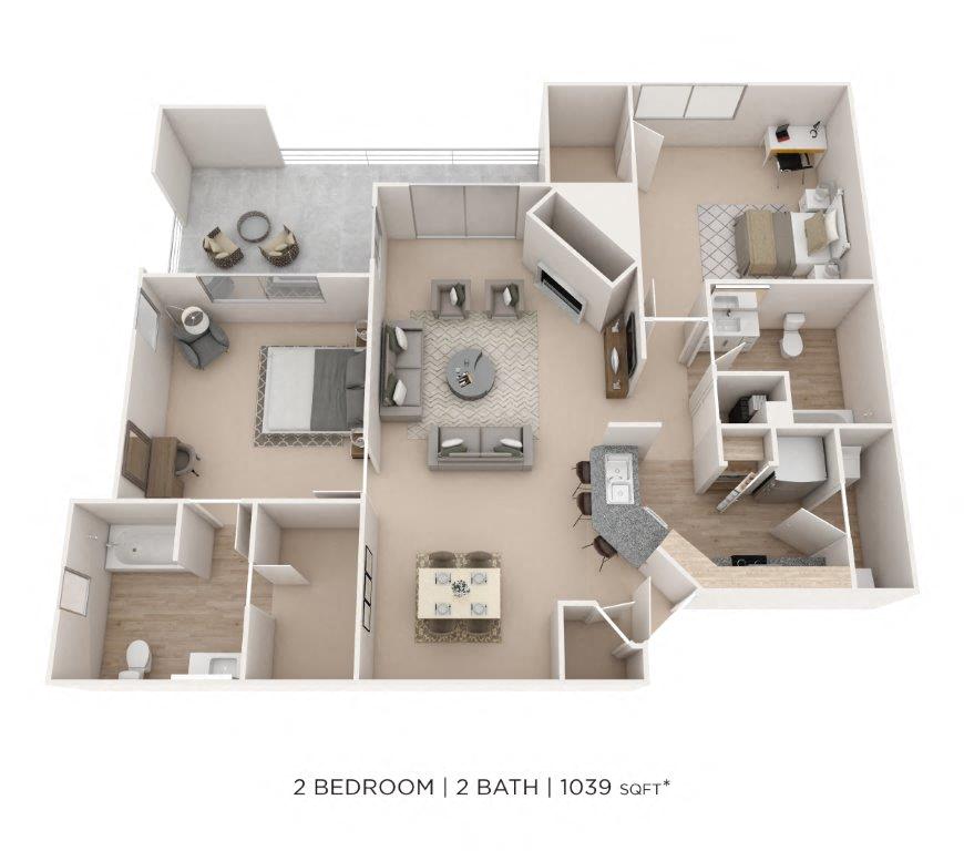 Floor plan for 2 beds, 2 baths, 1039 sqft