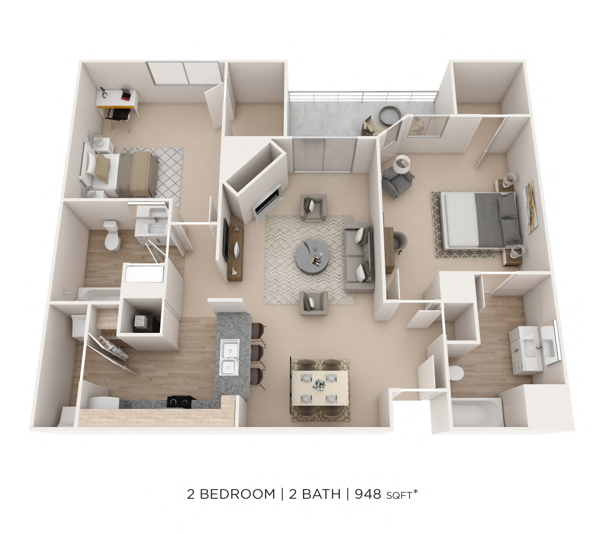 Floor plan for 2 beds, 2 baths, 948 sqft