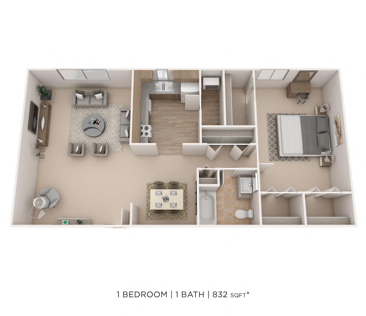 Floor plan for 1 bed, 1 bath, 832 sqft