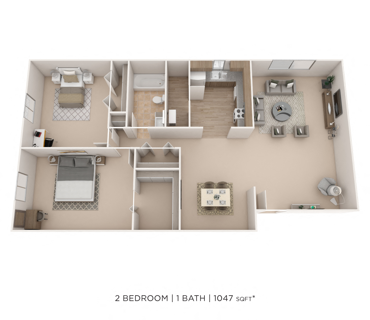 Floor plan for 2 beds, 1 bath, 1047 sqft