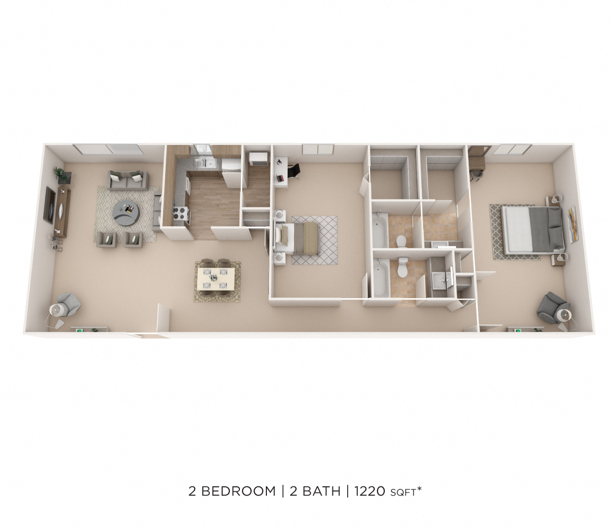 Floor plan for 2 beds, 2 baths, 1220 sqft