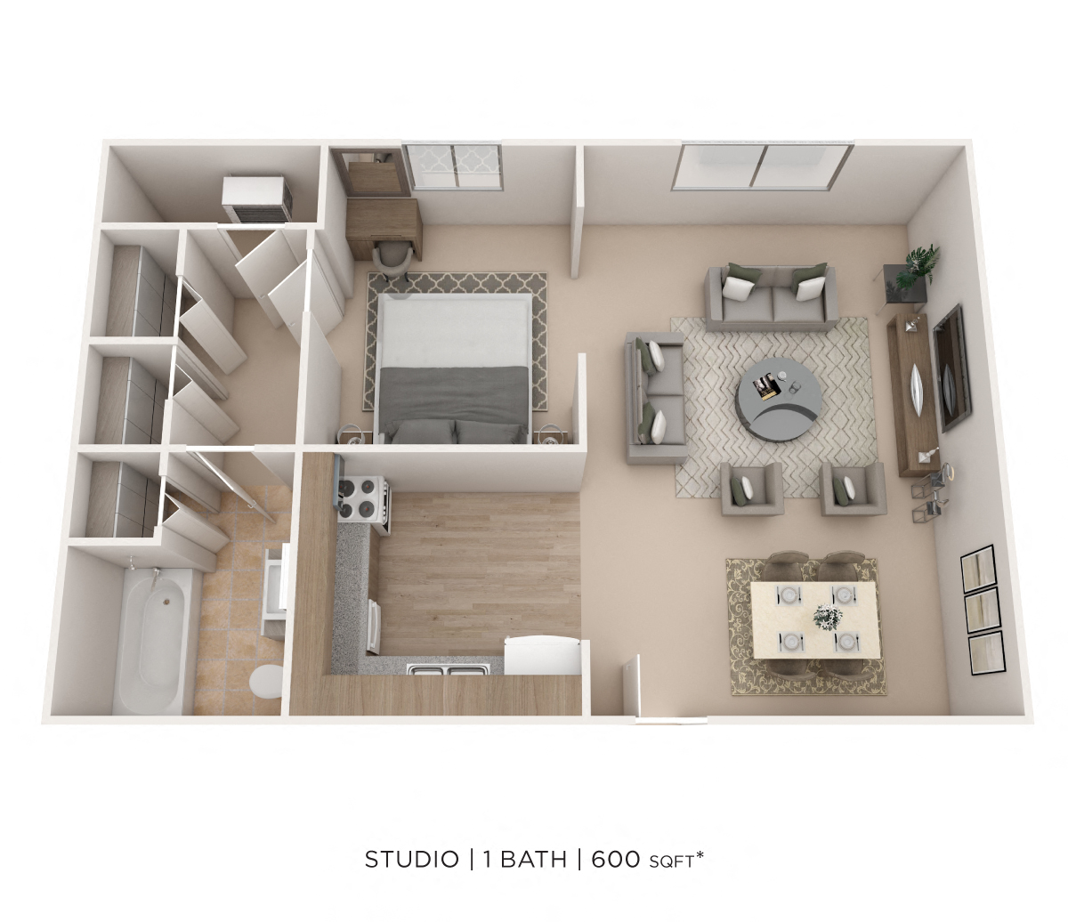Floor plan for studio, 1 bath, 600 sqft