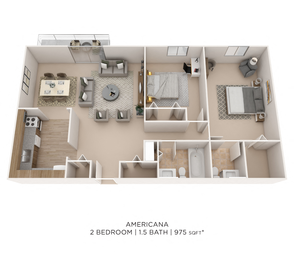 Floor plan for 2 beds, 1.5 baths, 975 sqft
