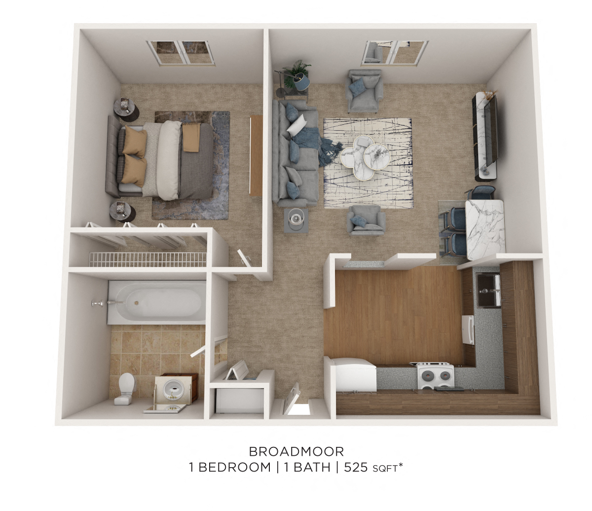 Floor plan for 1 bed, 1 bath, 525 sqft