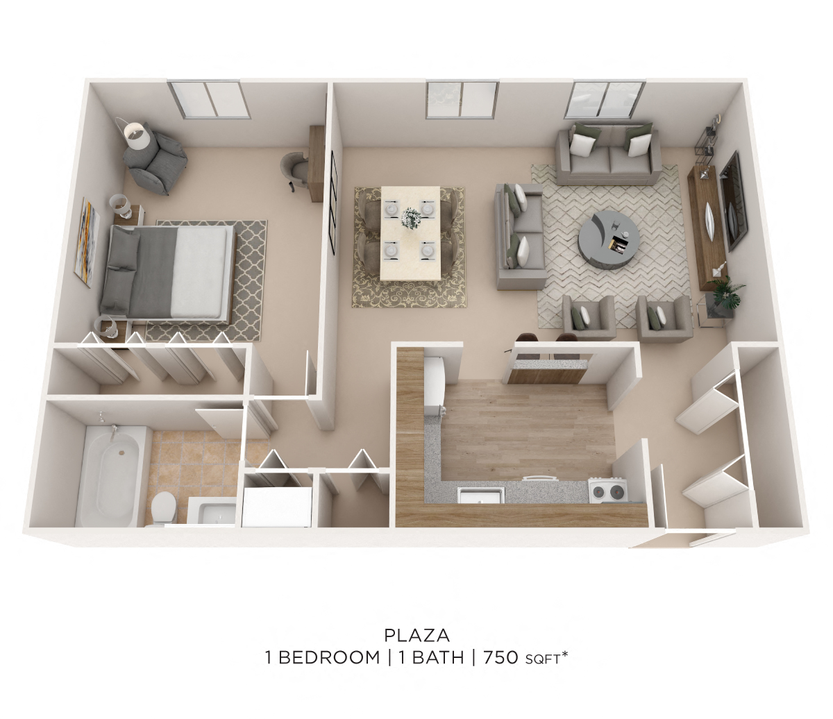 Floor plan for 1 bed, 1 bath, 750 sqft