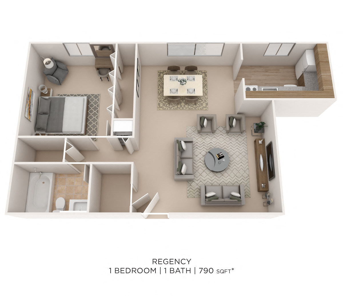 Floor plan for 1 bed, 1 bath, 790 sqft