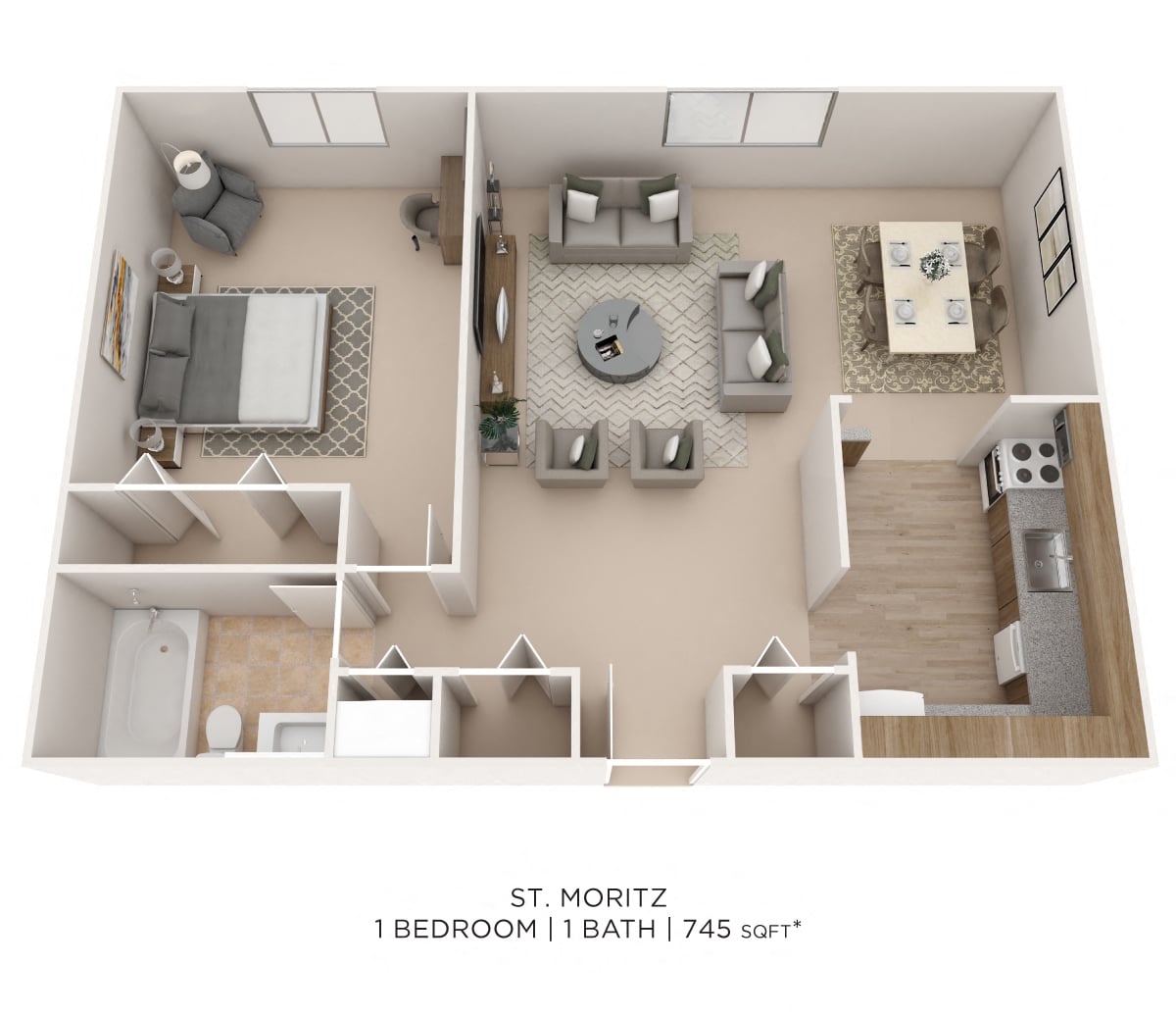 Floor plan for 1 bed, 1 bath, 745 sqft