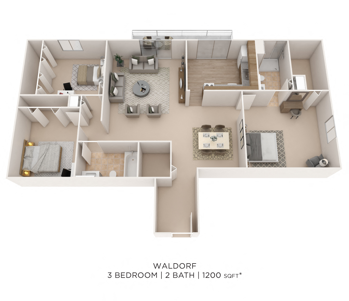 Floor plan for 3 beds, 2 baths, 1200 sqft