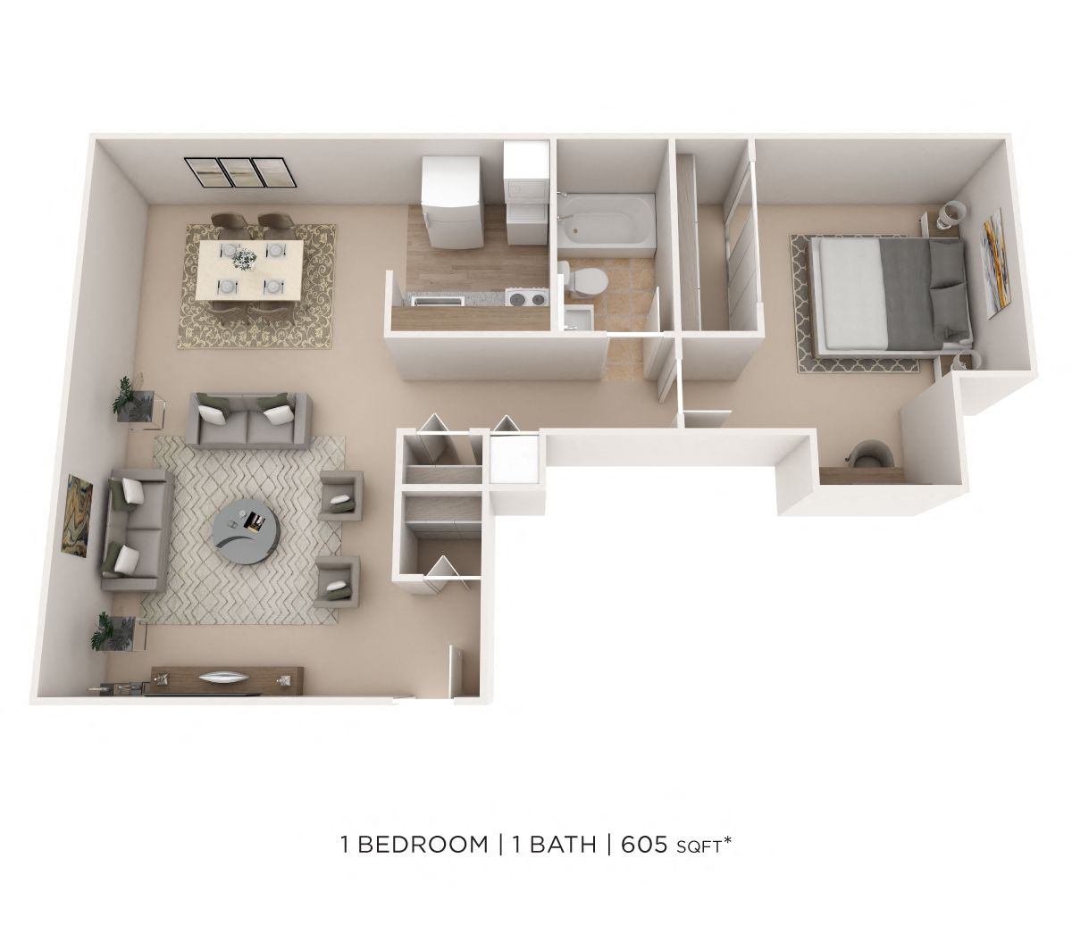 Floor plan for 1 bed, 1 bath, 605 sqft