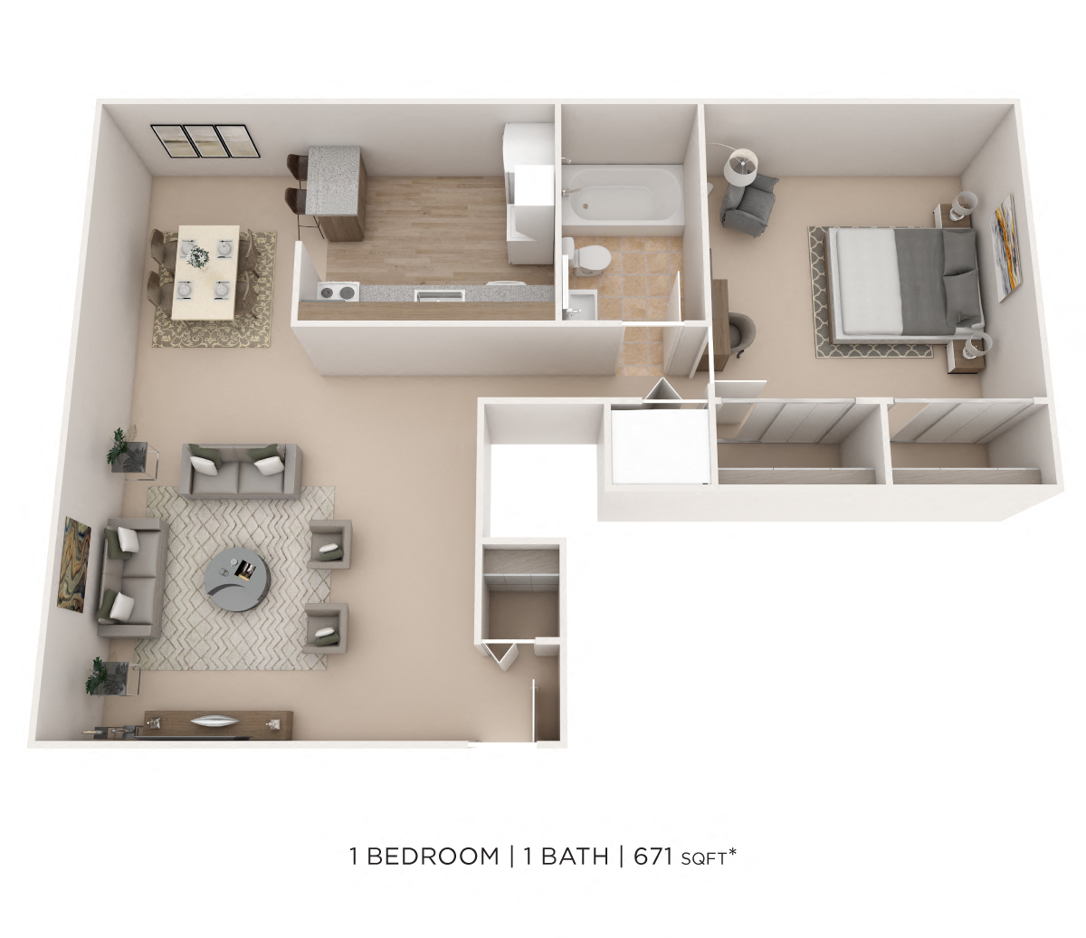 Floor plan for 1 bed, 1 bath, 671 sqft