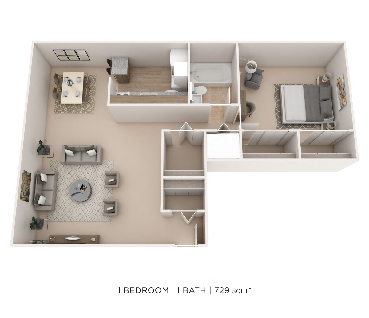 Floor plan for 1 bed, 1 bath, 729 sqft