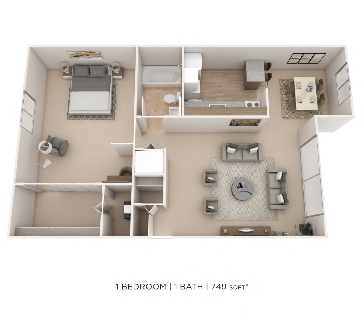 Floor plan for 1 bed, 1 bath, 749 sqft