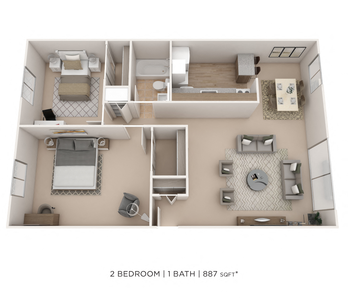 Floor plan for 2 beds, 1 bath, 887 sqft