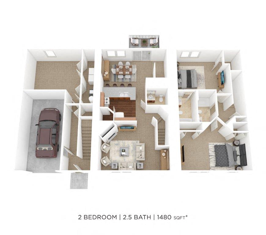 Floor plan for 2 beds, 2.5 baths, 1480 sqft