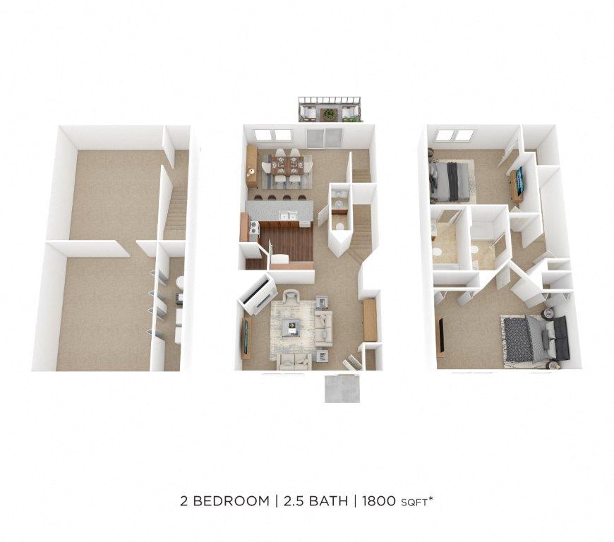 Floor plan for 2 beds, 2.5 baths, 1800 sqft