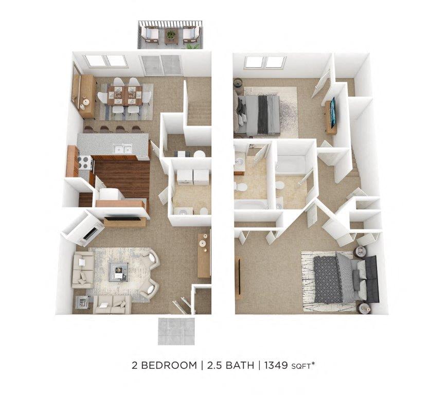 Floor plan for 2 beds, 2.5 baths, 1349 sqft