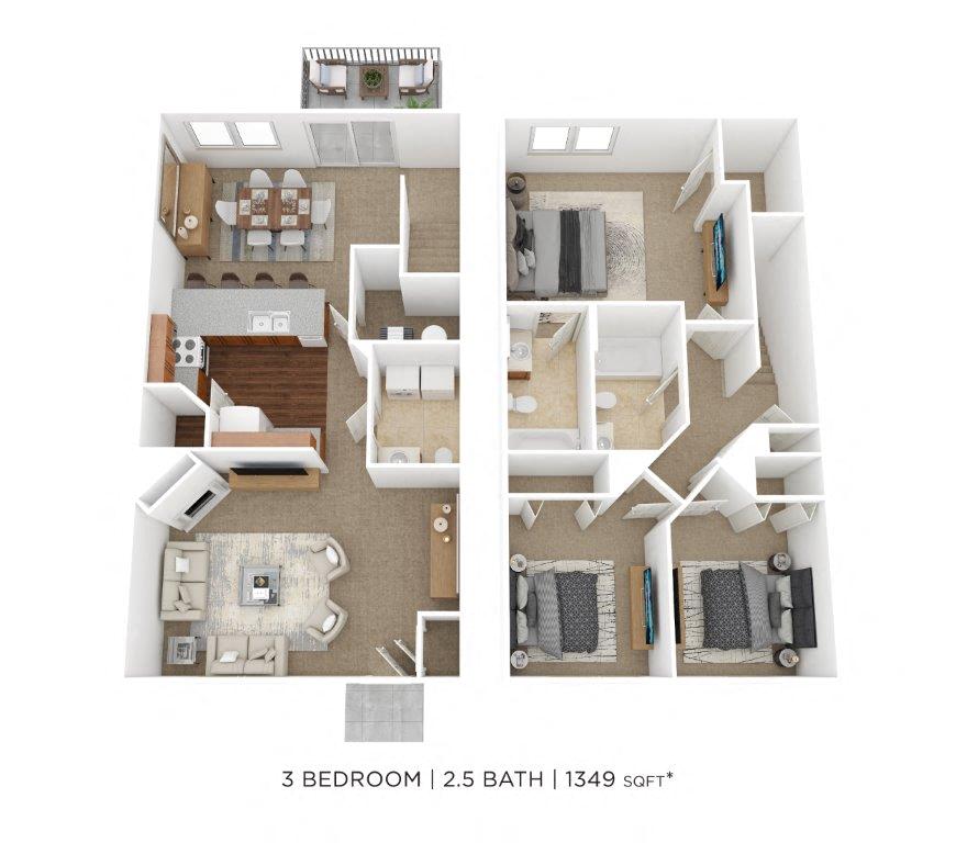 Floor plan for 3 beds, 2.5 baths, 1349 sqft