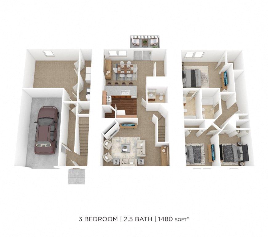 Floor plan for 3 beds, 2.5 baths, 1480 sqft