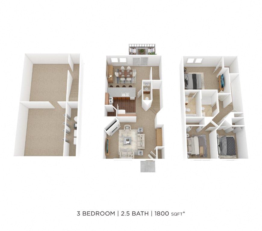 Floor plan for 3 beds, 2.5 baths, 1800 sqft
