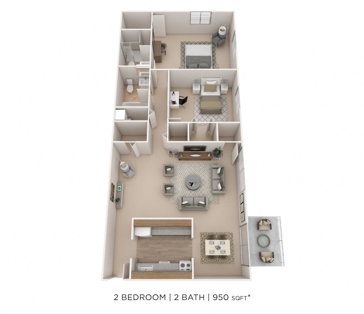 Floor plan for 2 beds, 2 baths, 950 sqft