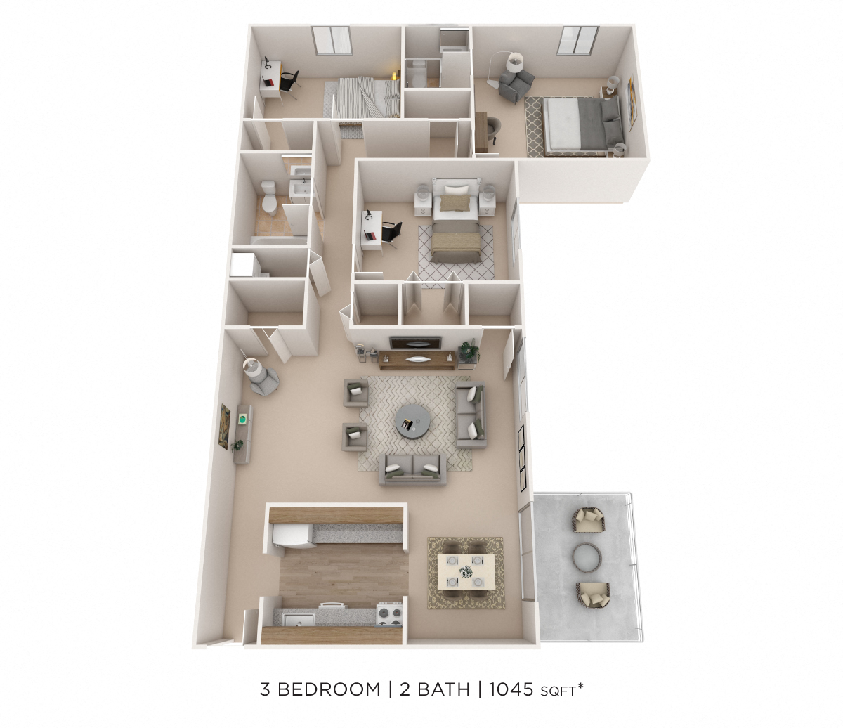 Floor plan for 3 beds, 2 baths, 1050 sqft