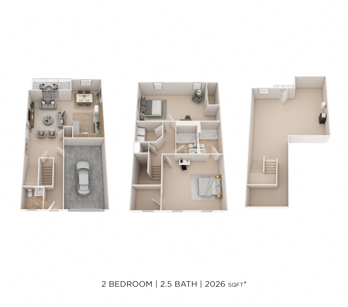 Floor plan for 2 beds, 2.5 baths, 2026 sqft