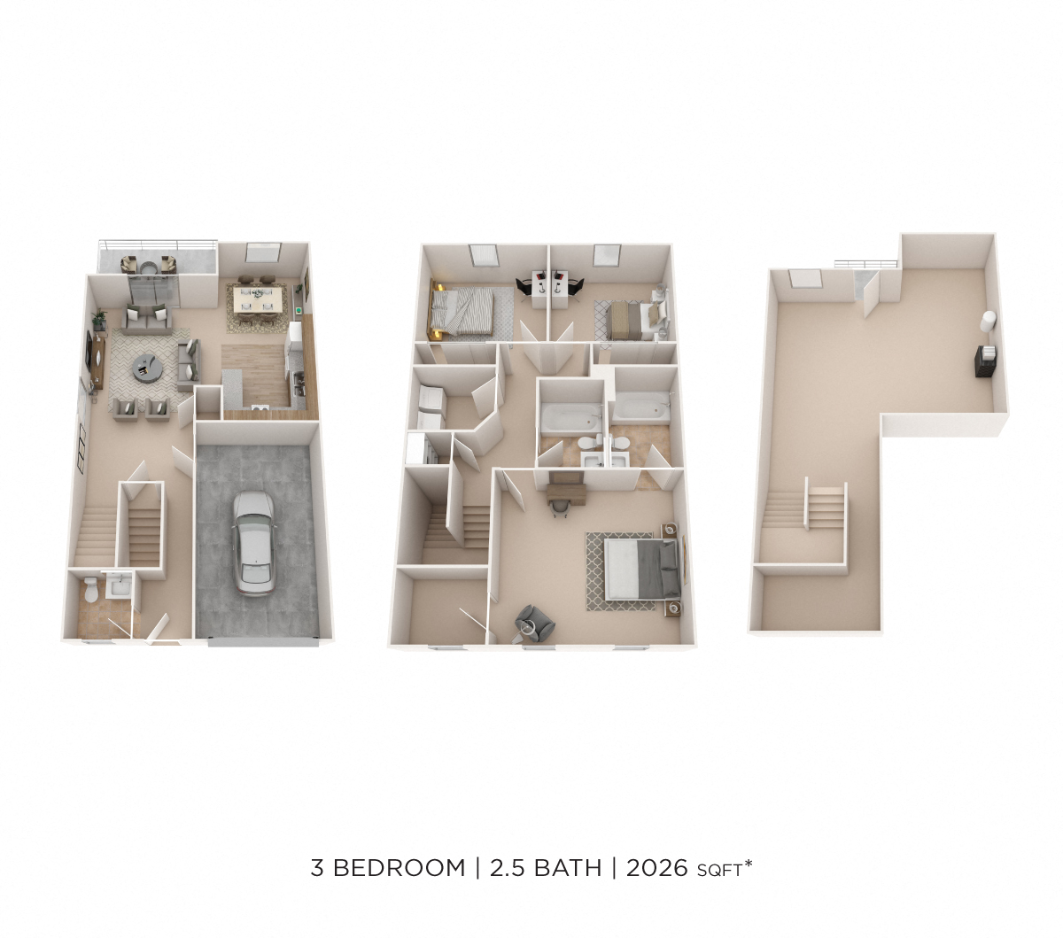 Floor plan for 3 beds, 2.5 baths, 2026 sqft