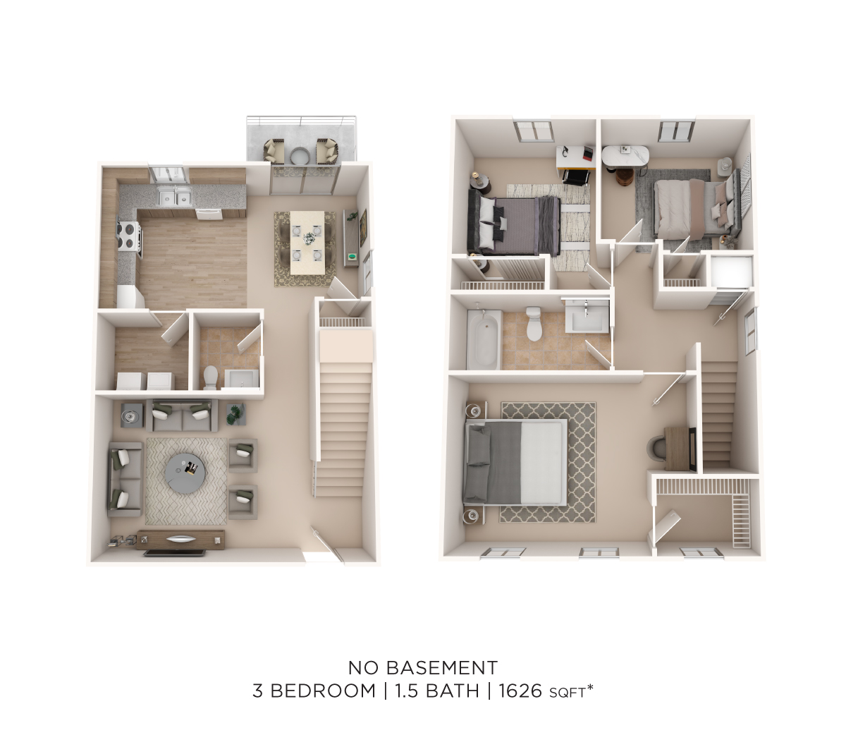 Floor plan for 3 beds, 1.5 baths, 1626 sqft