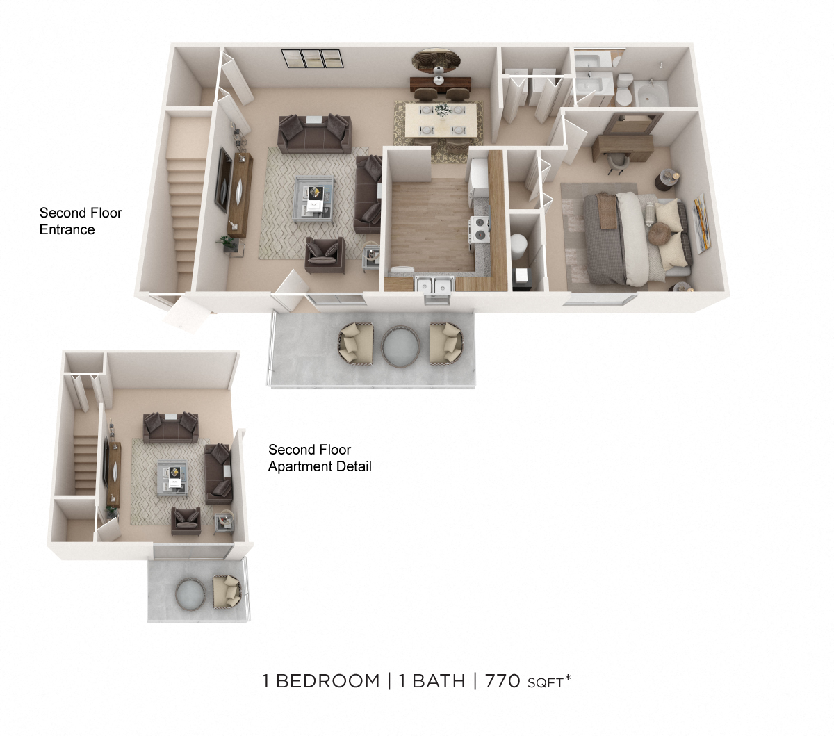 Floor plan for 1 bed, 1 bath, 770 sqft