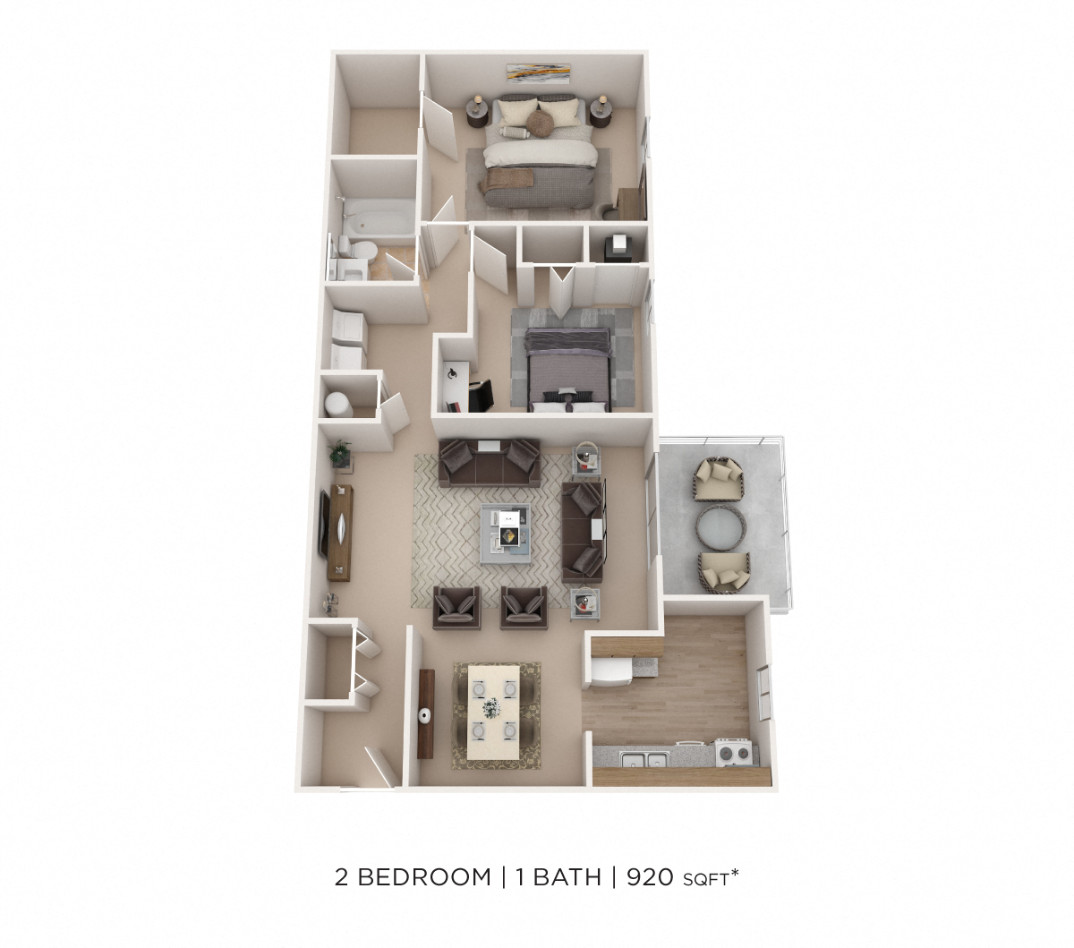 Floor plan for 2 beds, 1 bath, 920 sqft