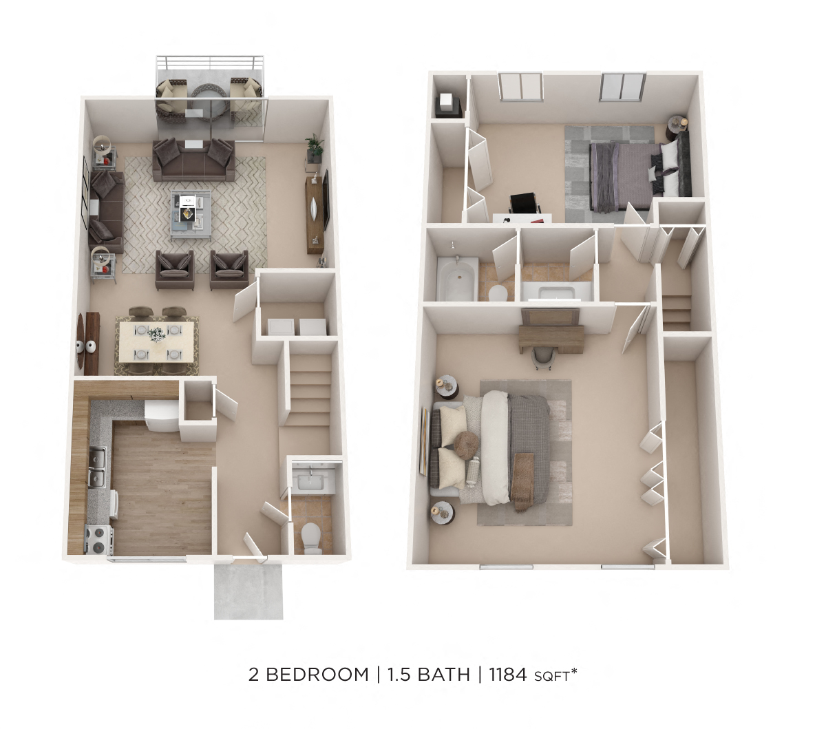 Floor plan for 2 beds, 1.5 baths, 1184 sqft