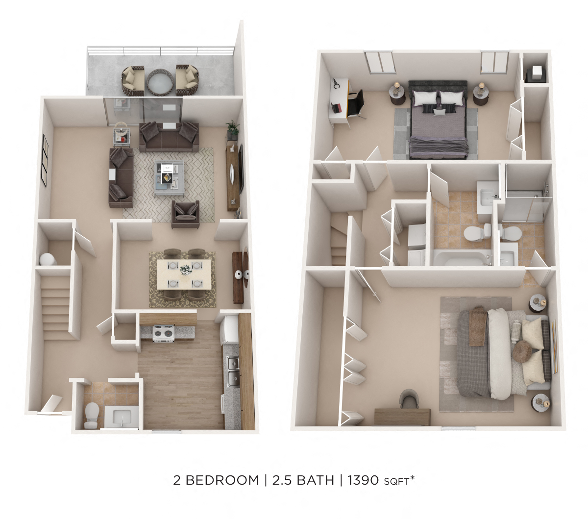 Floor plan for 3 beds, 2.5 baths, 1390 sqft