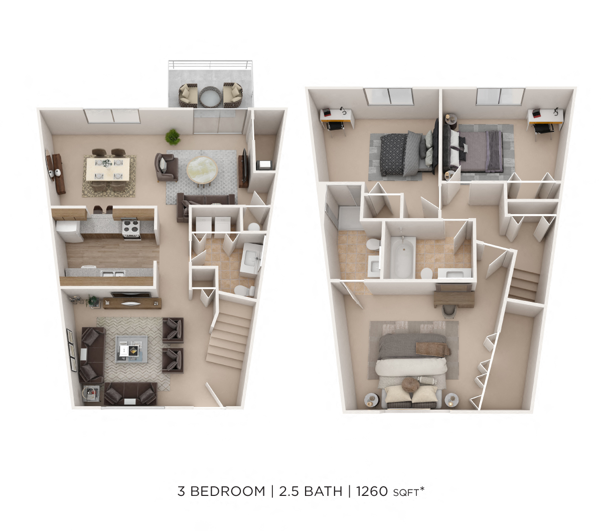 Floor plan for 3 beds, 2.5 baths, 1260 sqft