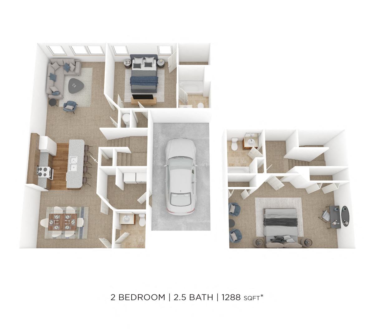 Floor plan for 2 beds, 2.5 baths, 1288 sqft