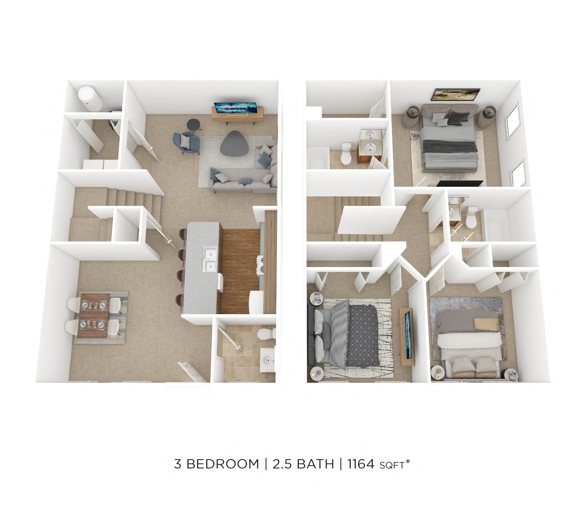 Floor plan for 2 beds, 2.5 baths, 1164 sqft