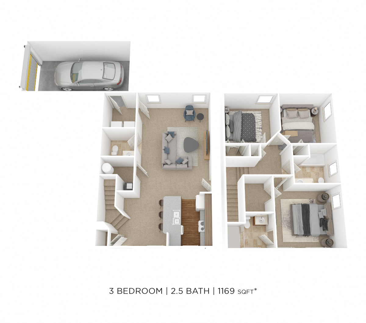 Floor plan for 3 beds, 2.5 baths, 1169 sqft